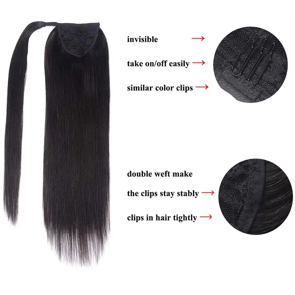 Extensions de cheveux brésiliennes pour femmes noires, queue de cheval à clipser, en cheveux humains lisses, à enrouler avec cordon de serrage
