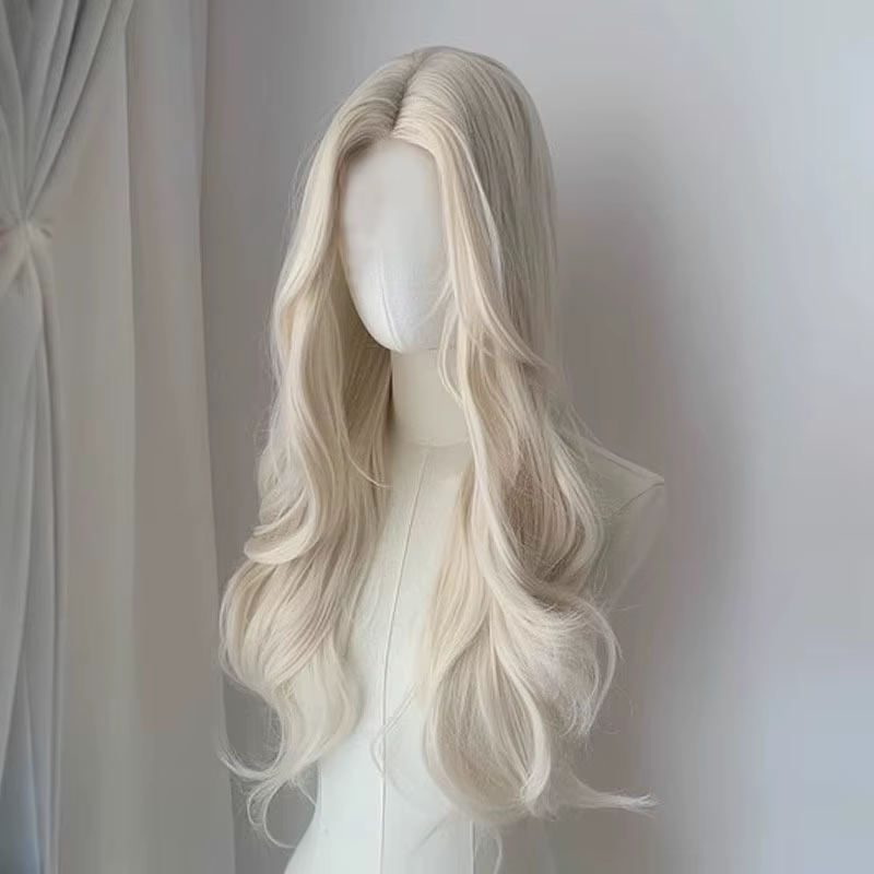 Perruque synthétique longue bouclée en or blanc