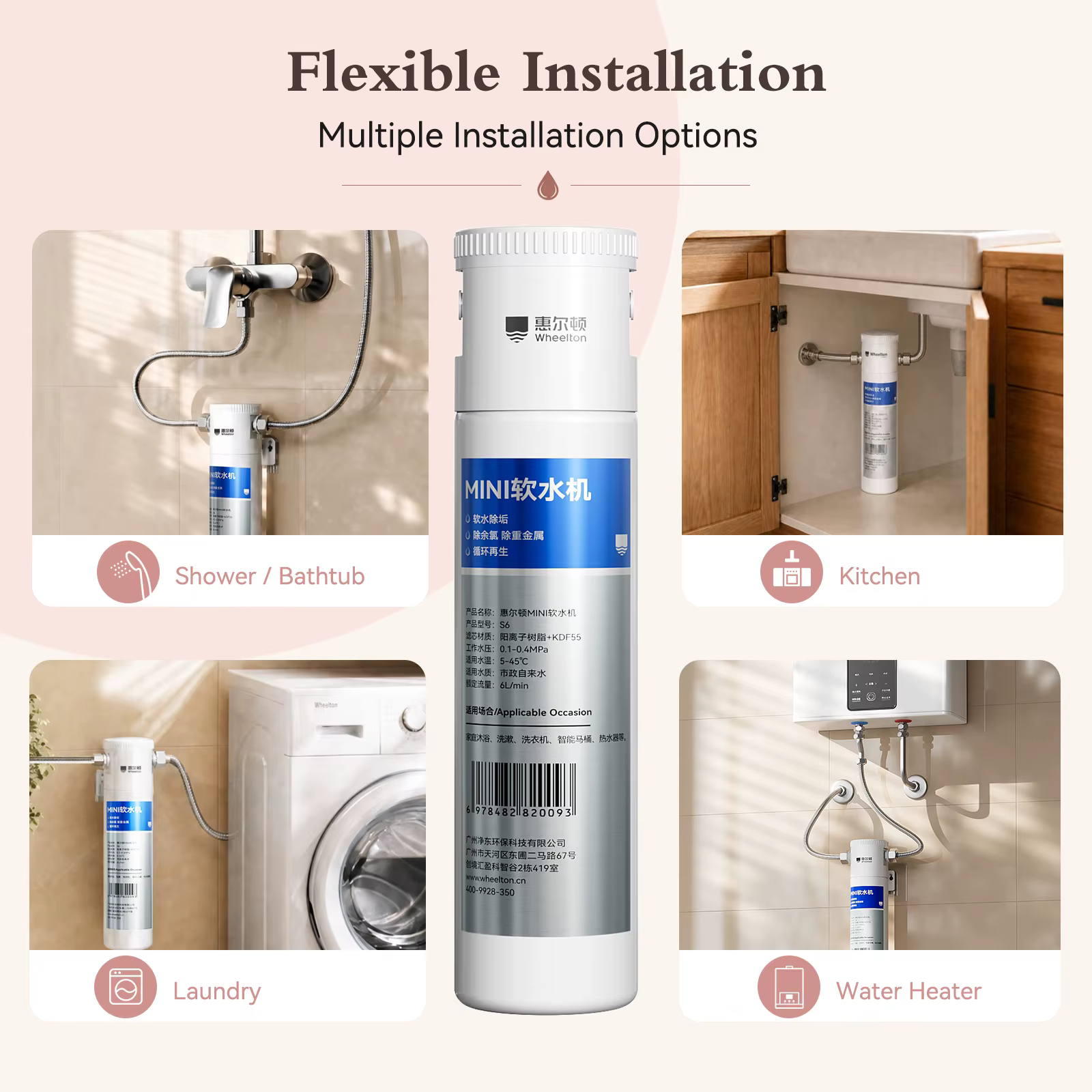 Adoucisseur d'eau pour douche Wheelton S6 Mini pour eau dure, résine + KDF55 réduction du chlore, régénération au sel, 6 L/min, montage mural