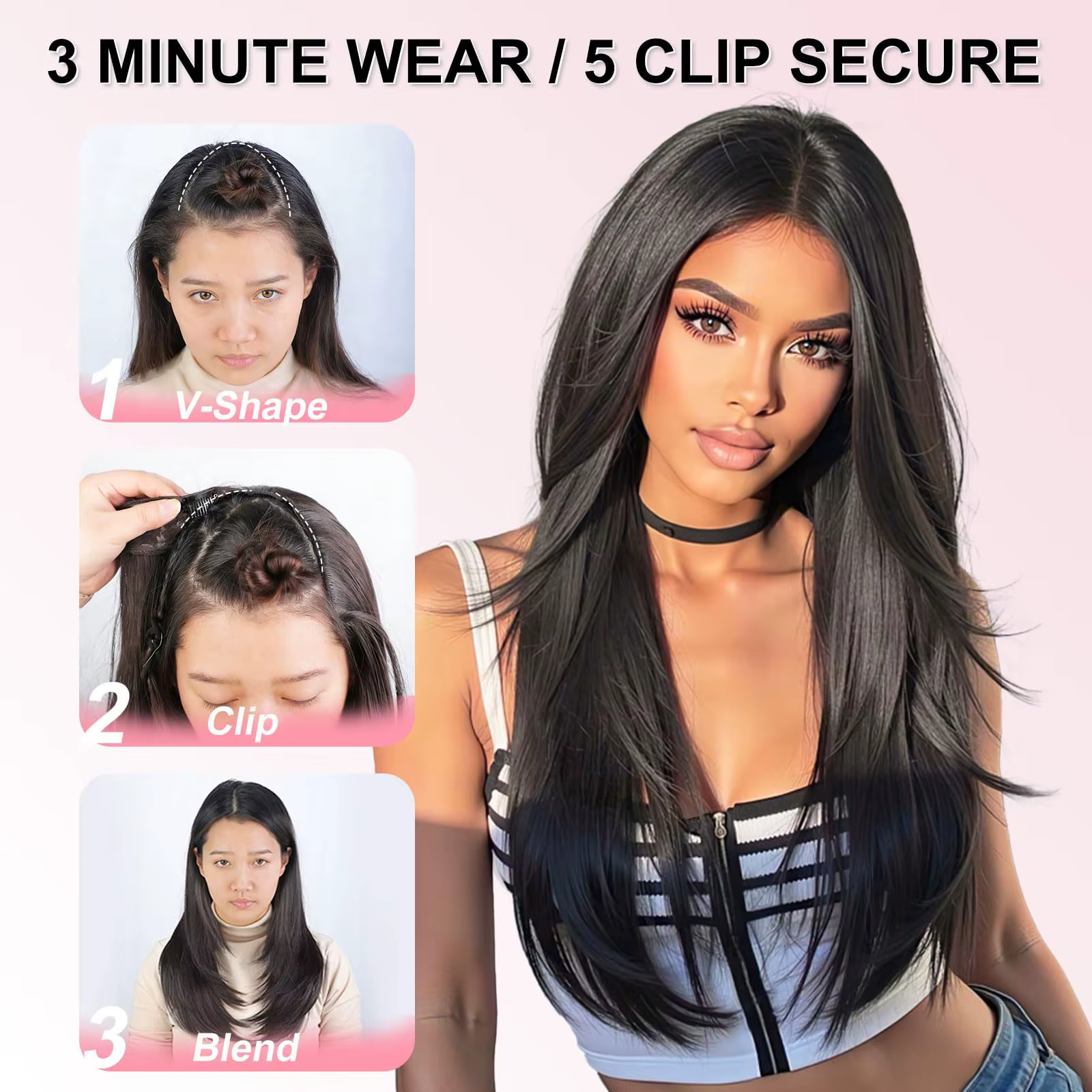 Extensions de cheveux noires à clipser pour femmes