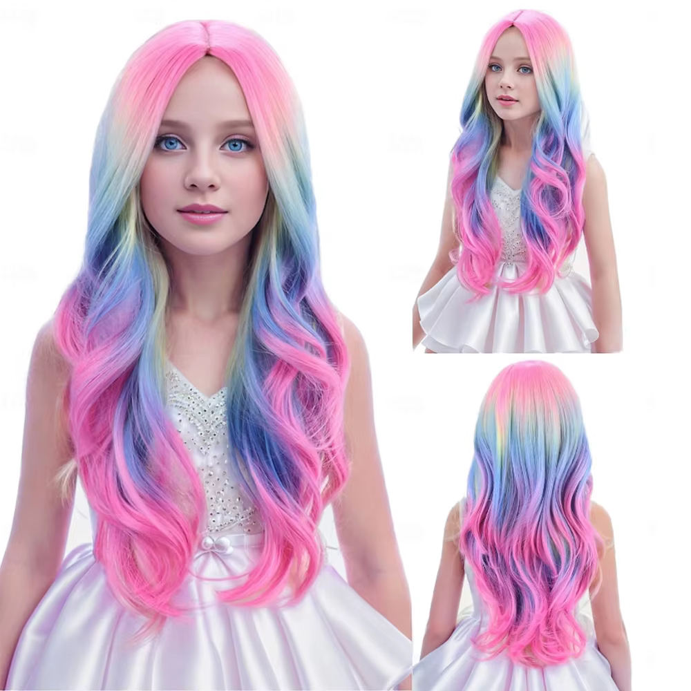 HAIRJOY cheveux synthétiques perruques colorées longue perruque ondulée bouclée pour filles enfants arc-en-ciel