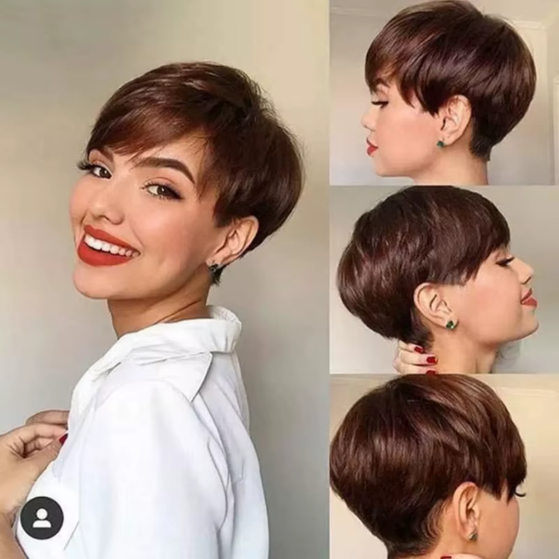 Perruque courte brune perruques de cheveux humains brun chocolat perruques courtes coupe lutin avec frange pas cher pleine Machine perruques de cheveux brésiliens en vente