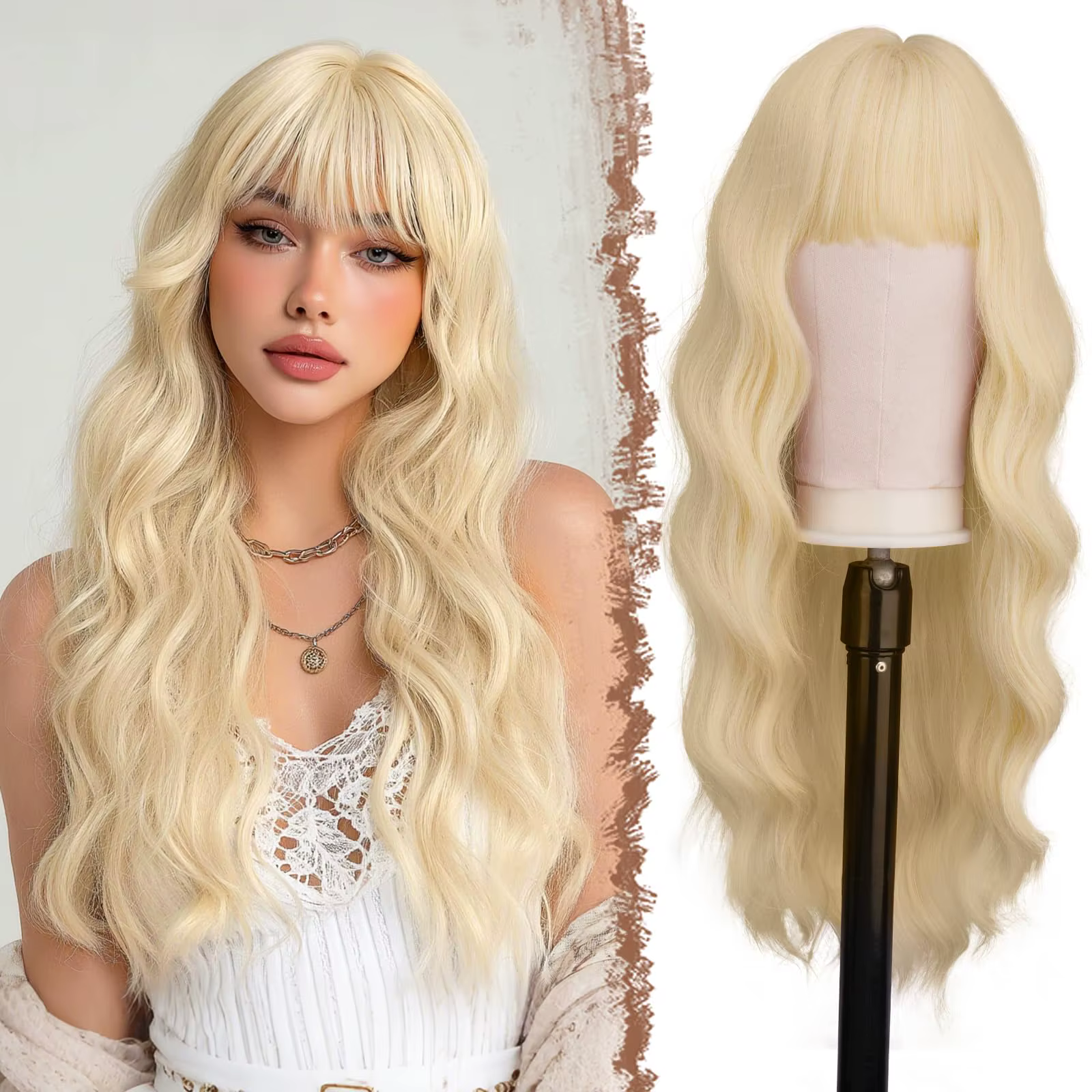 Perruque synthétique longue et bouclée blonde pour Halloween