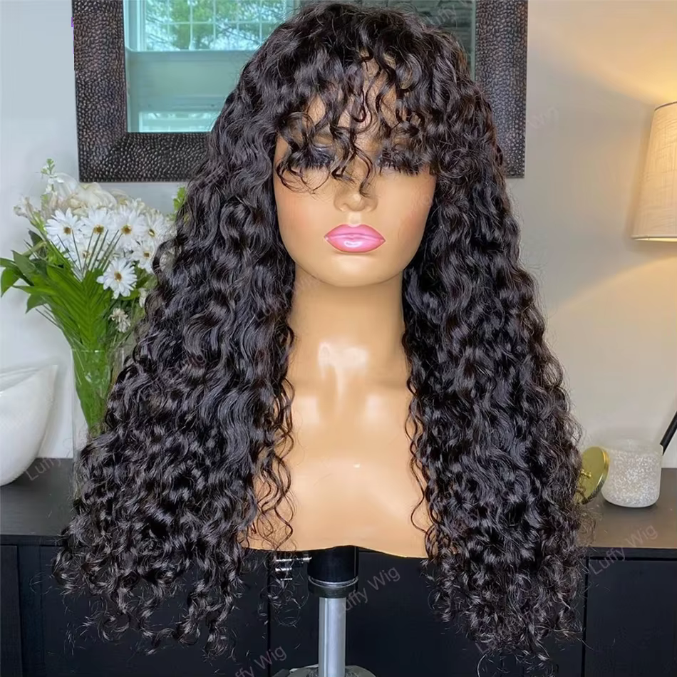 Perruque brésilienne bouclée en cheveux humains avec frange
