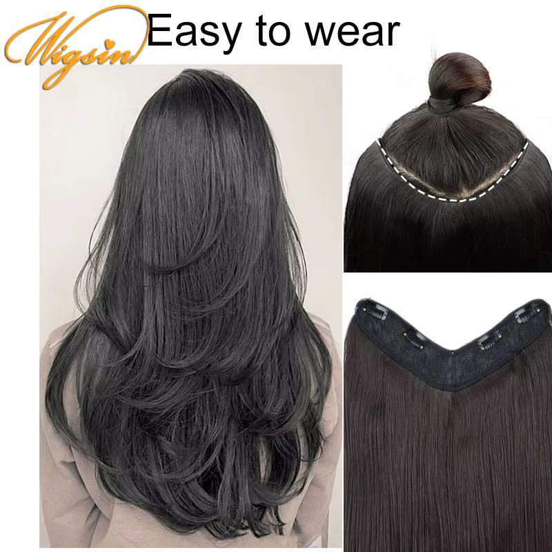 WIGSIN synthétique 55 cm en forme de V couches 4 Clips Extension de cheveux longs raides naturel Invisible postiche perruque pour les femmes
