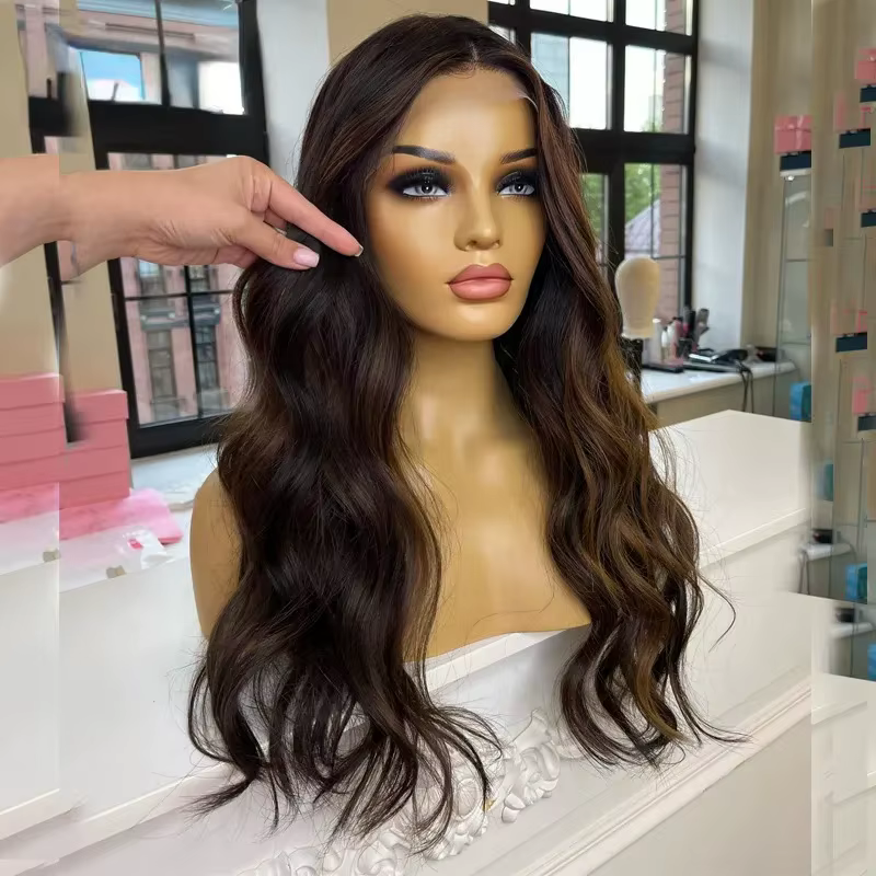Perruque Lace Front synthétique longue, ondulée, avec mèches brunes, sans colle, de haute qualité, pré-épilée, avec ligne de cheveux naturelle, raie libre, pour cosplay