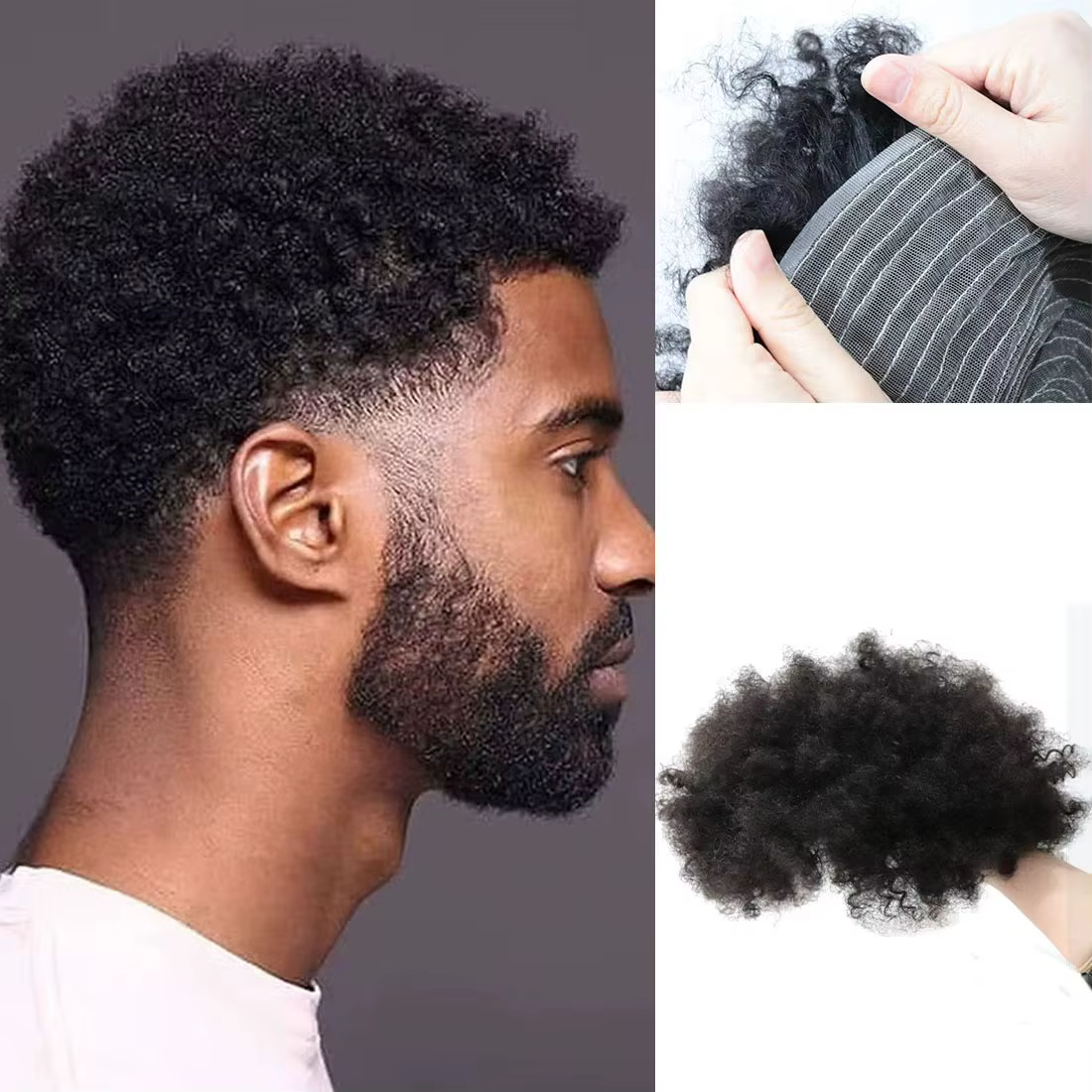 Perruque en cheveux humains bouclés africains pour hommes | Couverture complète avec base en dentelle respirante