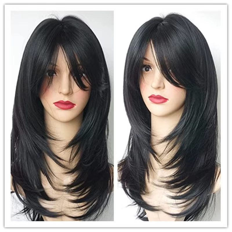 QQXCAIW perruque naturelle longue ondulée pour femmes afro-américaines Cosplay noir résistant à la chaleur cheveux synthétiques perruques quotidiennes