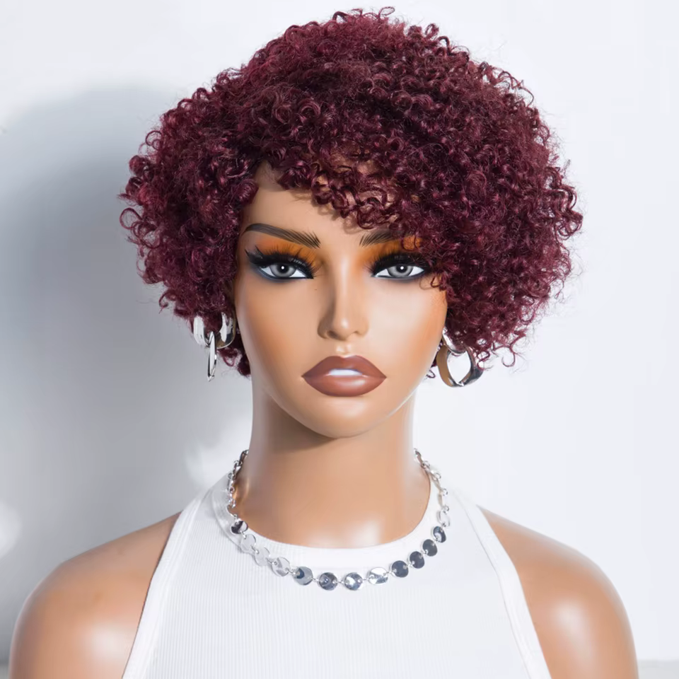 Perruques de cheveux humains bouclés péruviens avec frange courte coupe lutin Bob perruque brun rougeâtre sans colle