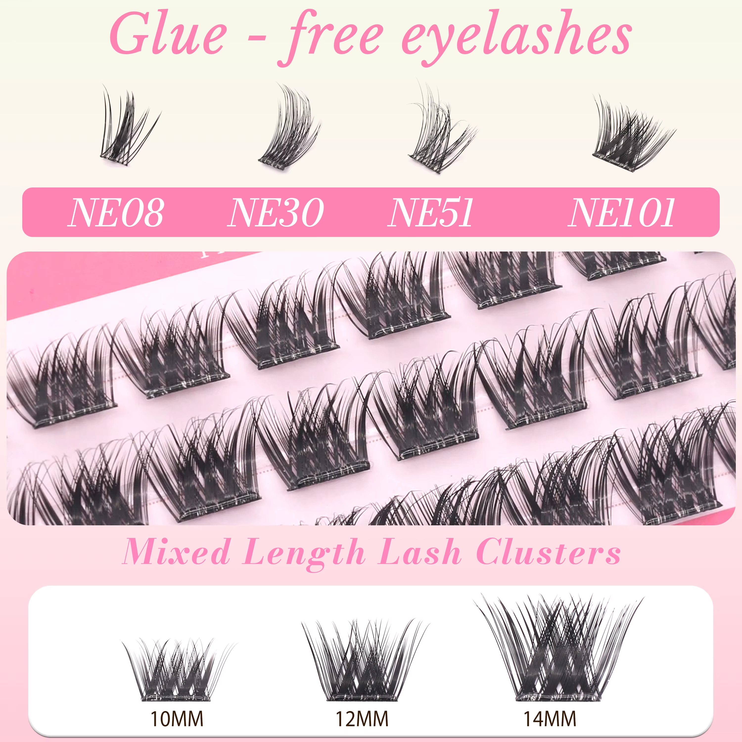 Série NE NE05 Nouvel Emballage 6 Rangées 100% Fait Main Effet 3D Moelleux Sans Colle Requise Extensions de Cils 10-14mm Noir Facile à Retirer Réutilisable