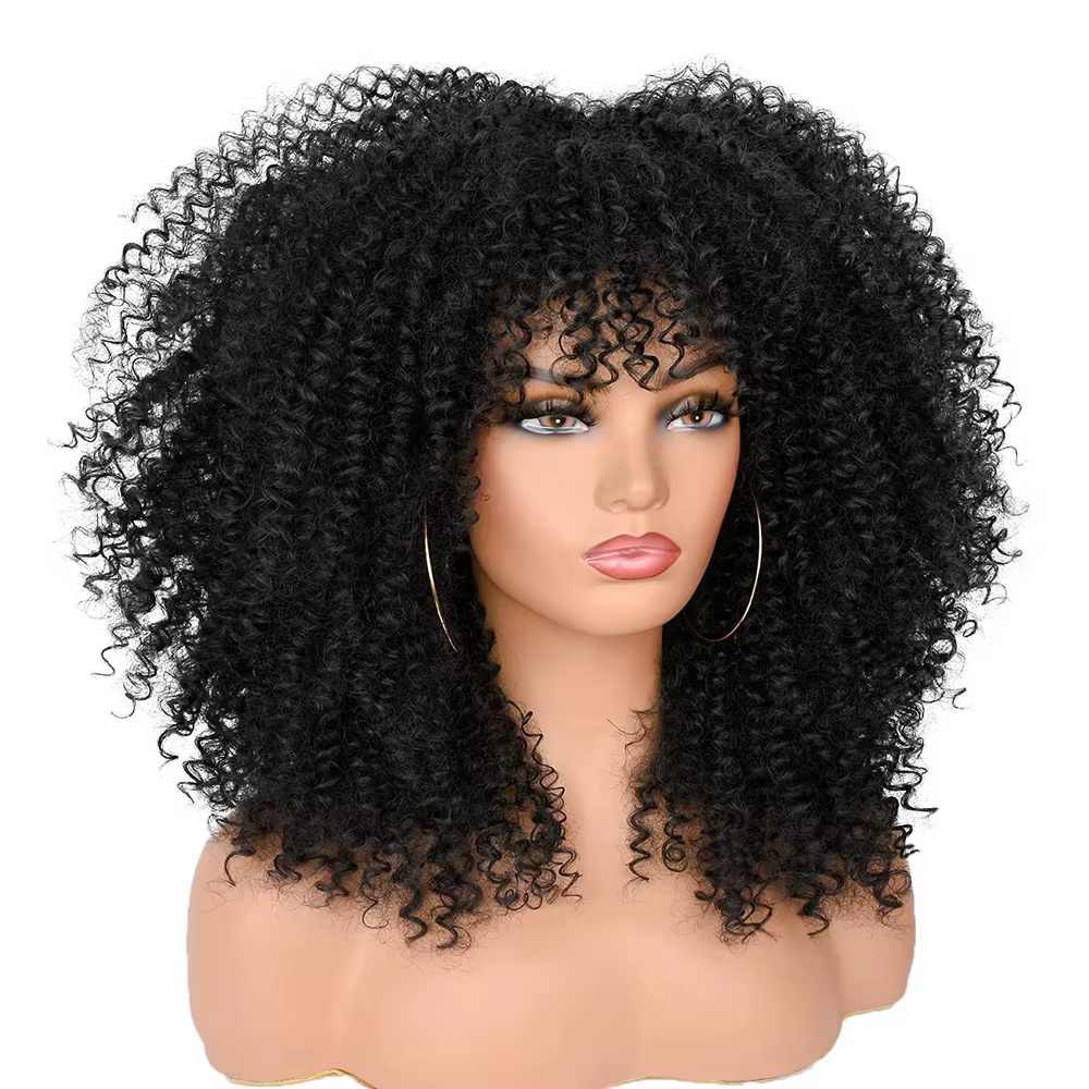 Perruque Afro Bouclée Synthétique avec Frange