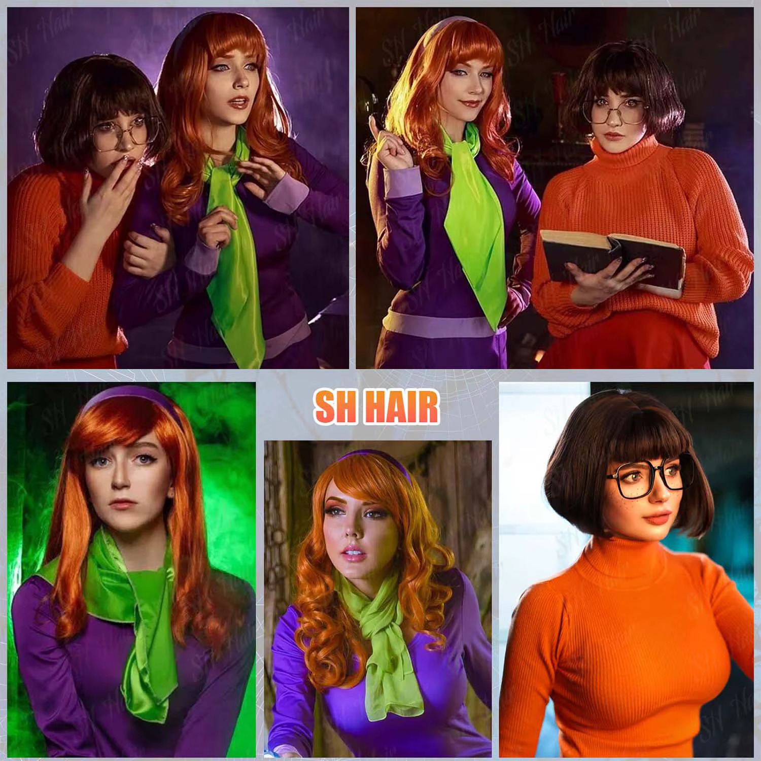 Perruque synthétique longue bouclée Orange + bandeau violet Daphné