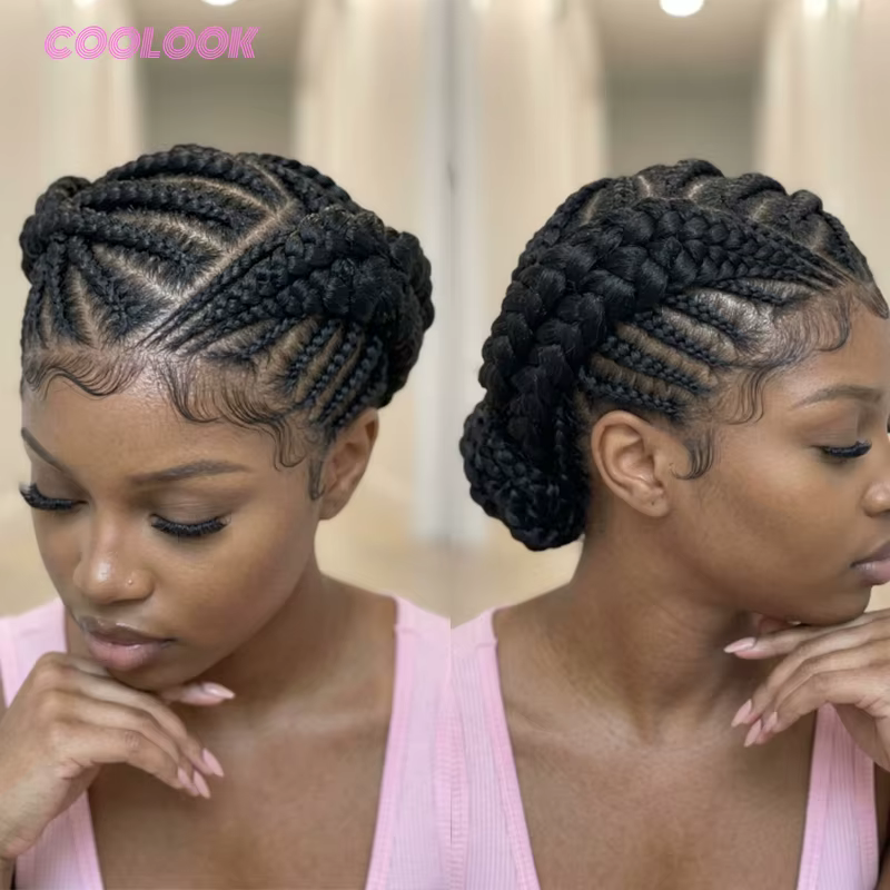 Perruque tressée africaine avec cornrows et double chignon jumbo