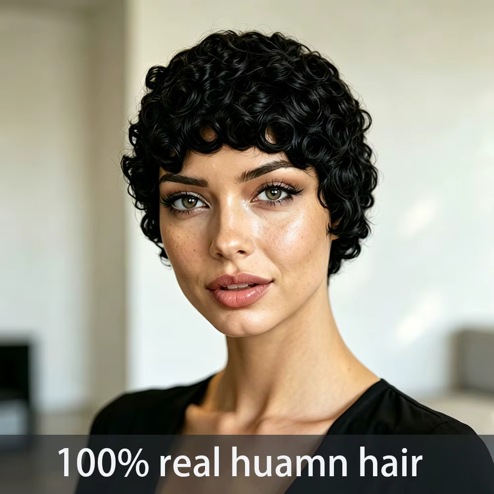 Perruque courte afro bouclée en cheveux humains pour femmes
