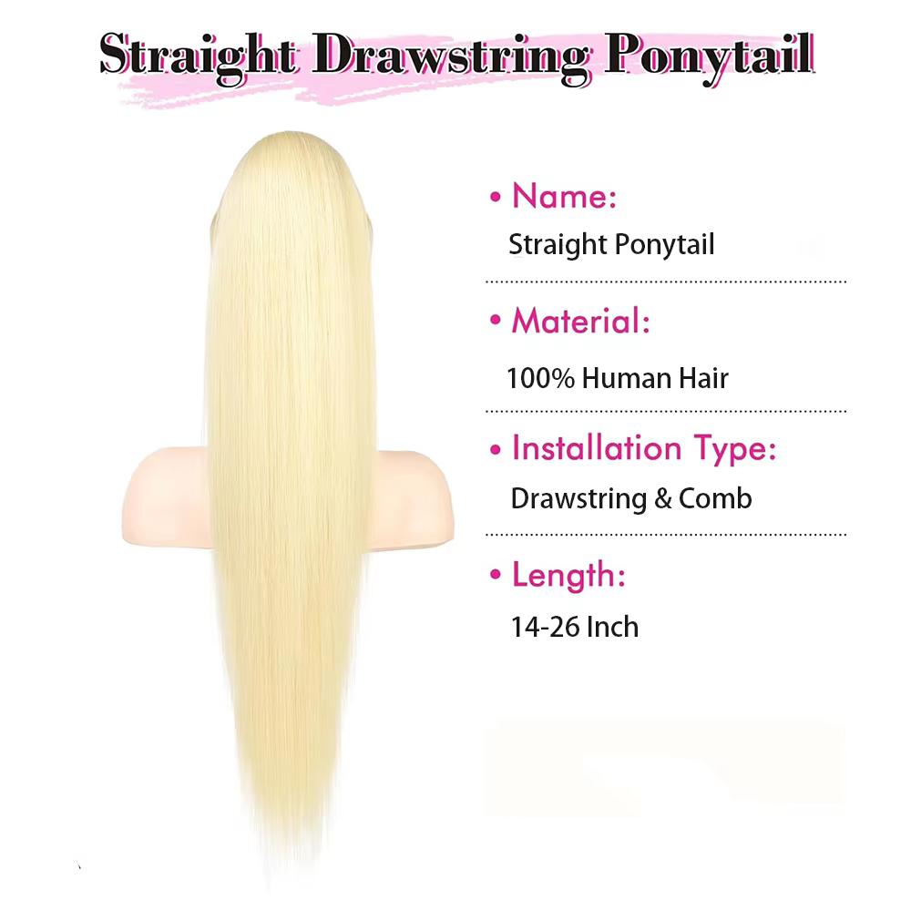 Extensions de cheveux humains queue de cheval longue et droite # 613 pince