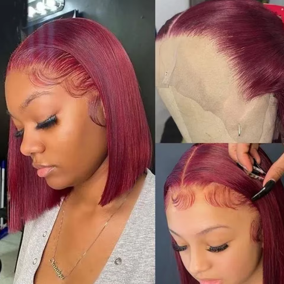 Perruque courte bob transparente HD bordeaux 99J en cheveux humains, avec mèches lisses brésiliennes, perruque frontale en dentelle 13x6x2 pré-épilée pour femmes