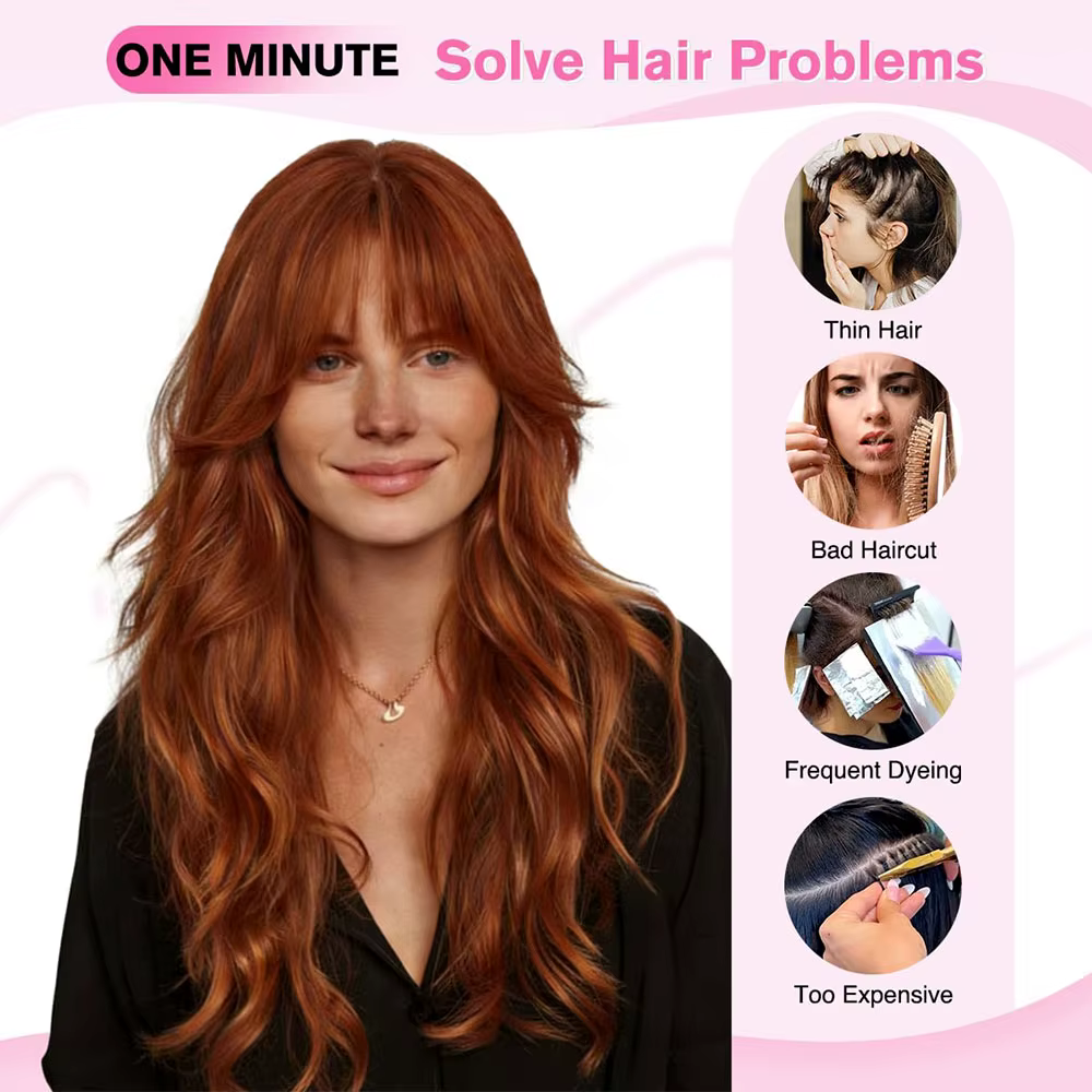 Extensions de cheveux synthétiques ondulées longues rouges cuivrées à clipser