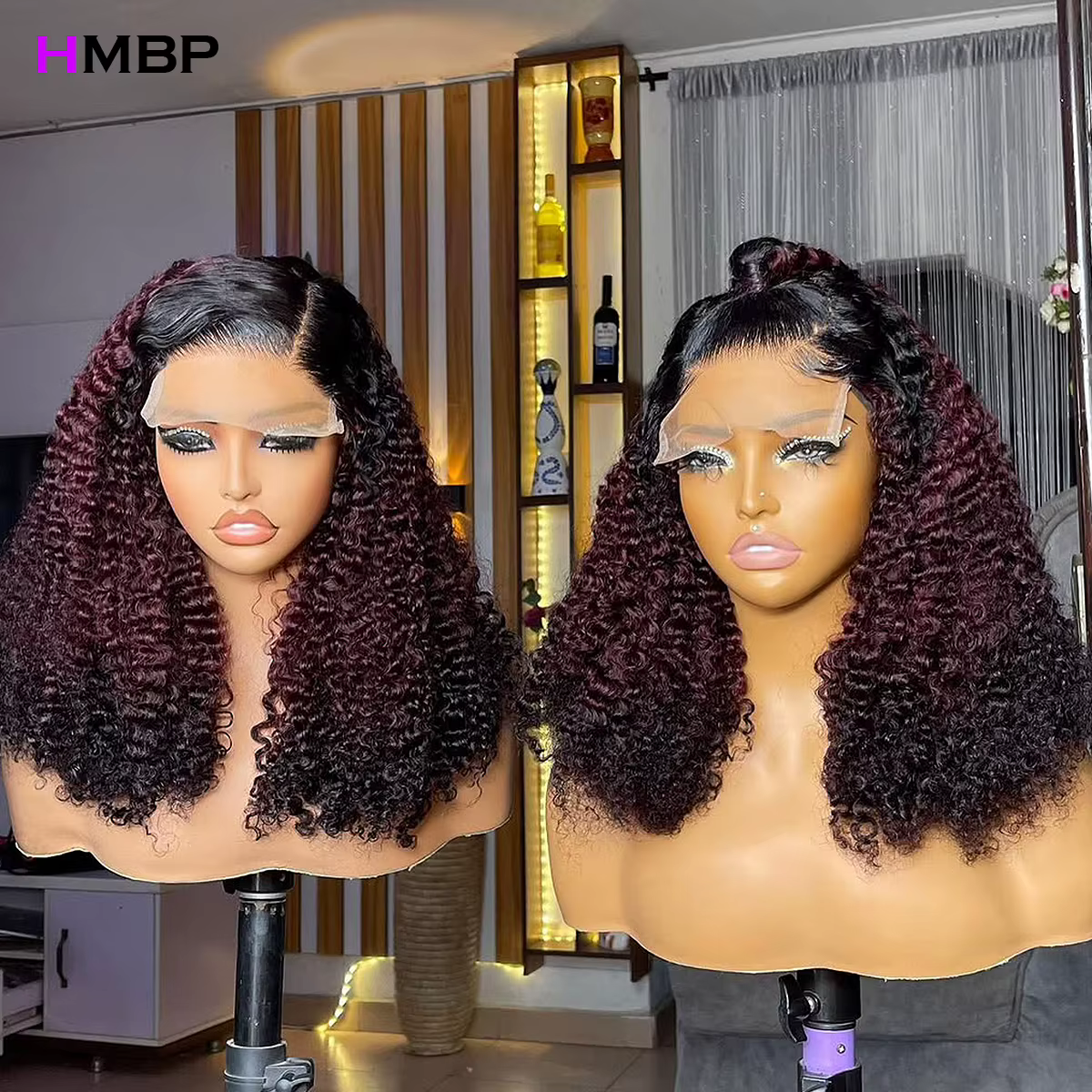 Ombre bordeaux 400 densité sans colle perruques cheveux humains vin rouge crépus bouclés 13x4 dentelle frontale perruque