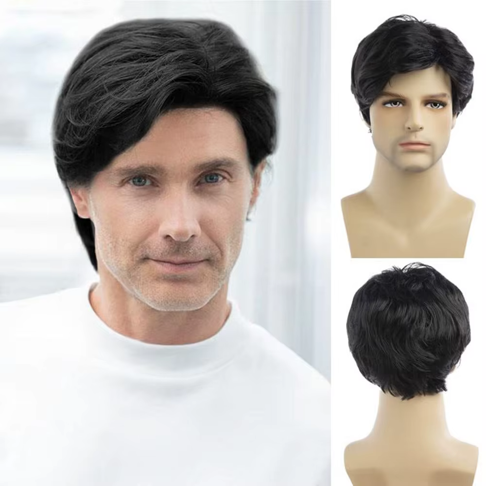 Perruque synthétique courte bouclée naturelle pour hommes