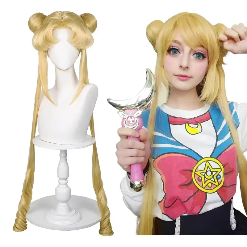 Sailor Moon Tsukino Usagi Perruque longue bouclée blonde queue de cheval avec 2 queues de pong avec bonnet