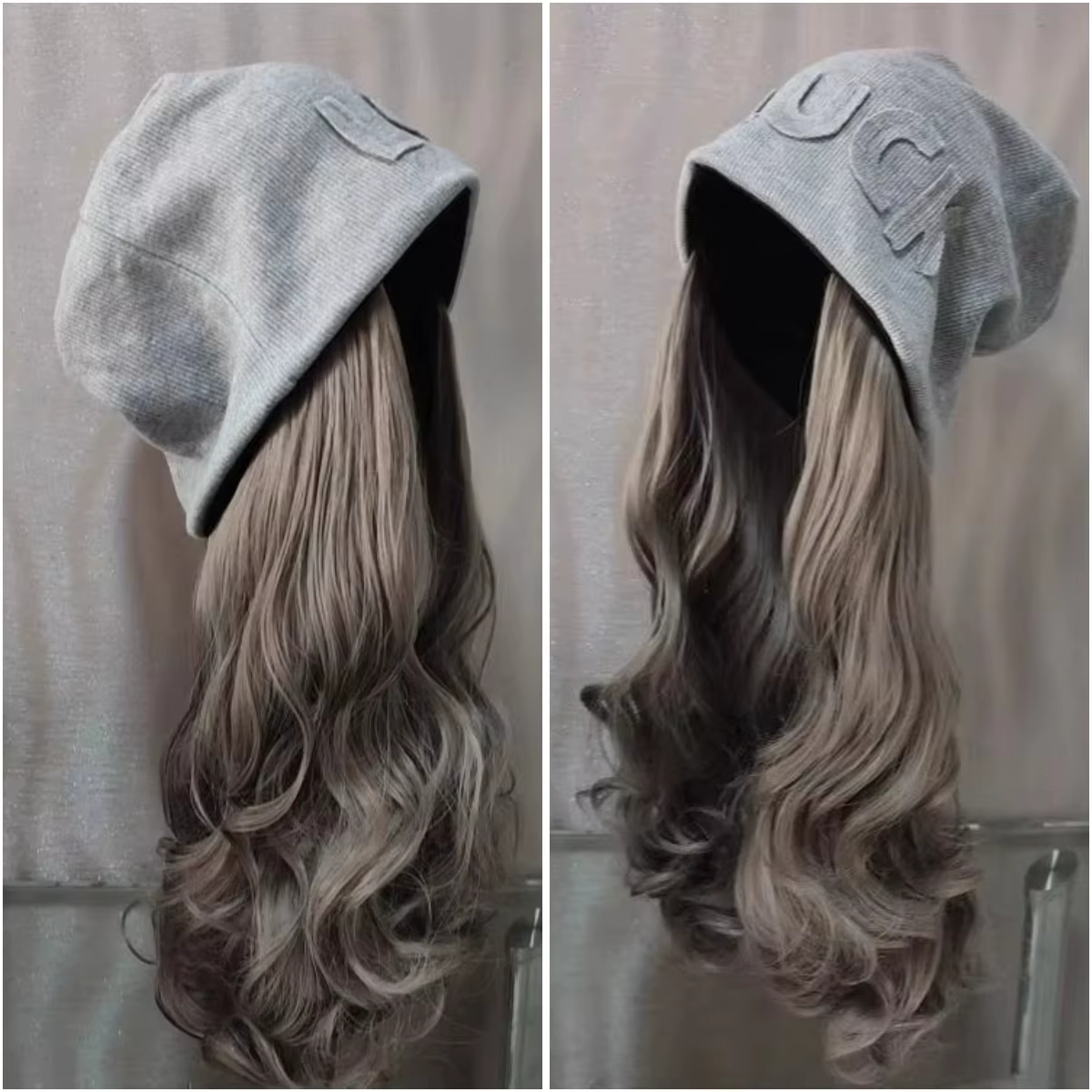 Perruque Synthétique Bouclée avec Chapeau Gris pour Femme