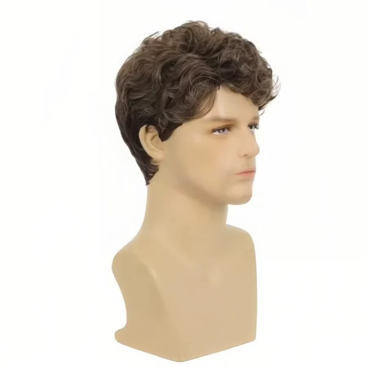 Perruque Courte Bouclée Synthétique Marron pour Hommes