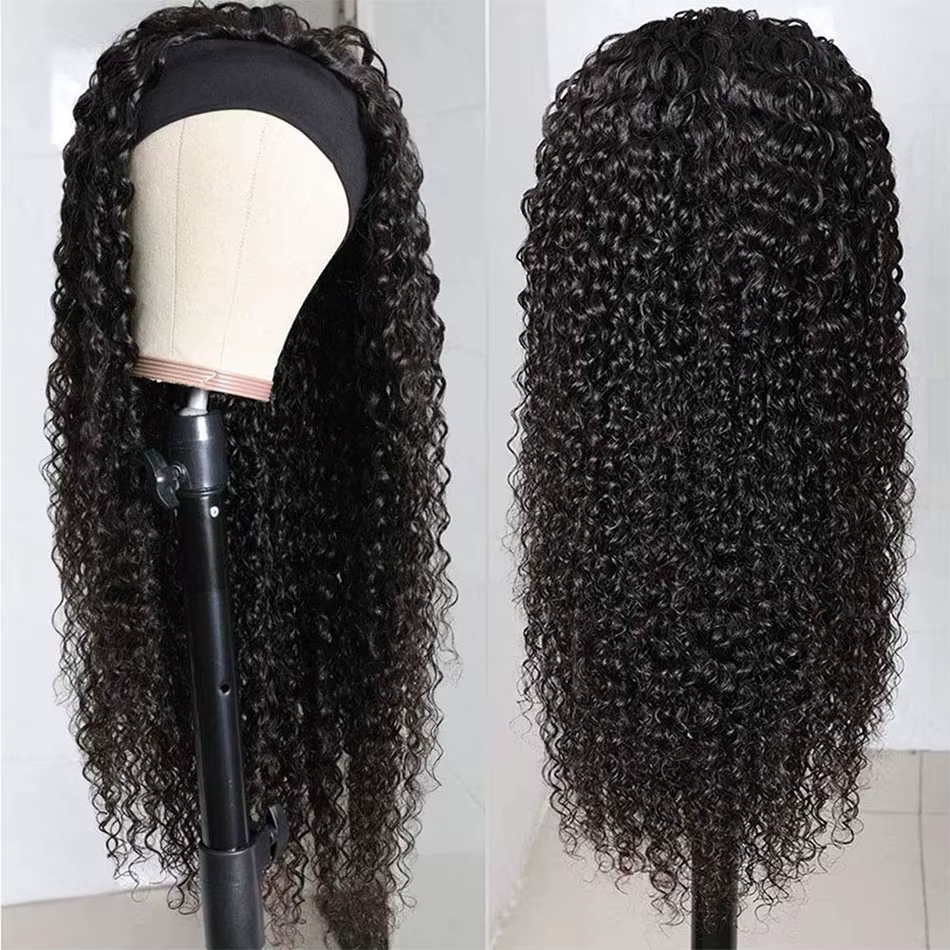 Perruque longue à bandeau en cheveux humains bouclés crépus pour femmes