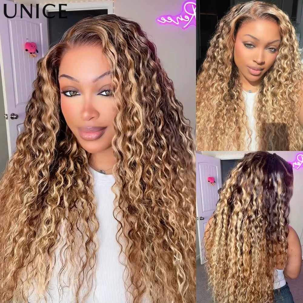 UNice Bye-Bye Slip ™ Perruque 13x4 Lace Frontal Couleur Bronde avec Mèches Blond Miel Ondulées Effet Mouillé 100% Cheveux Humains Sans Colle