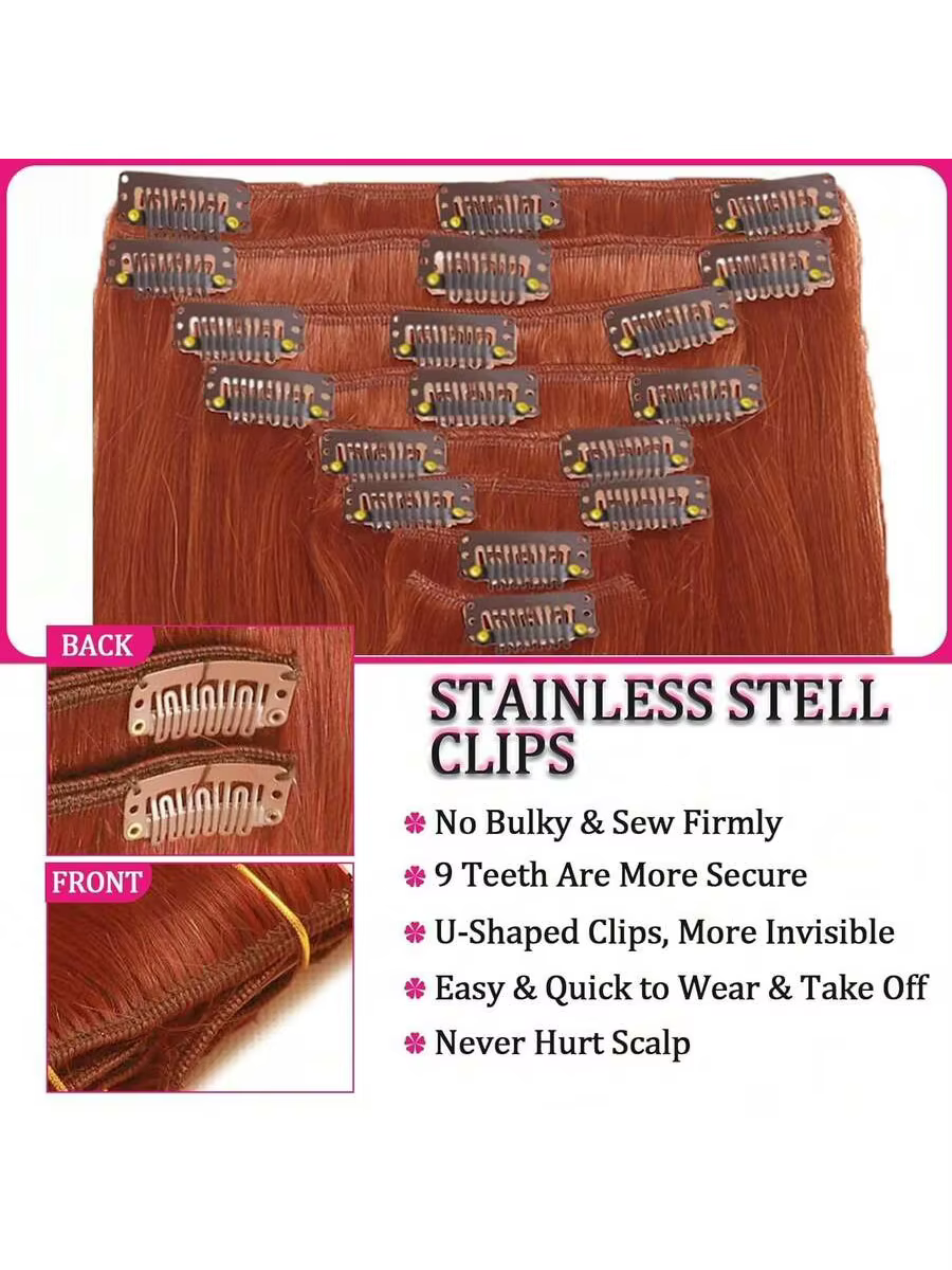 Extensions de cheveux humains vierges couleur gingembre, douces et soyeuses, pleine densité, clips stables, pose rapide, cheveux naturels pour femme