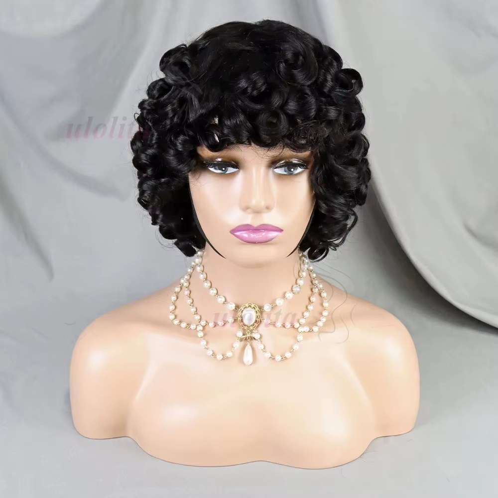 Fumi bouclés perruques de cheveux humains frange perruque coupe lutin Rose