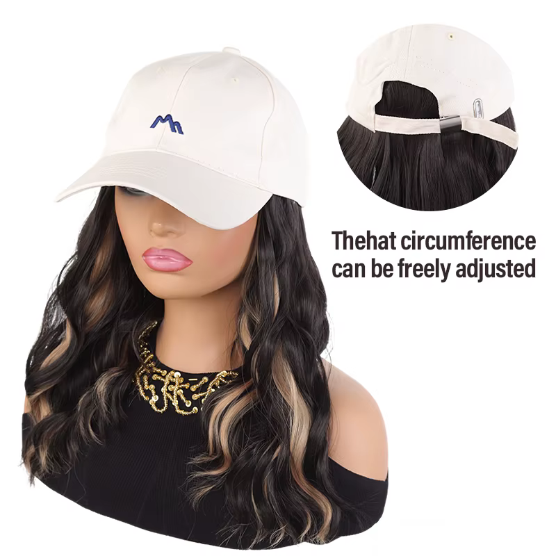 Casquette de baseball beige avec perruque à boucles ombrées et fibres synthétiques – Chapeau-perruque élégant pour un
