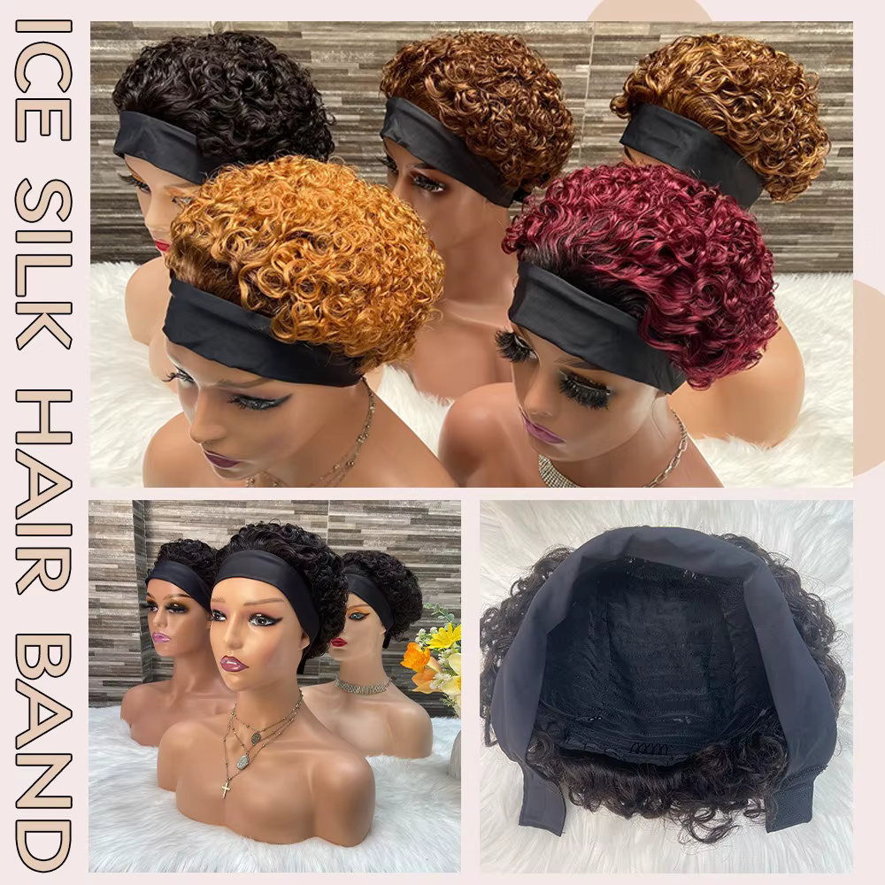 Perruque bouclée coupe lutin avec bandeau de cheveux humains colorés pour femmes