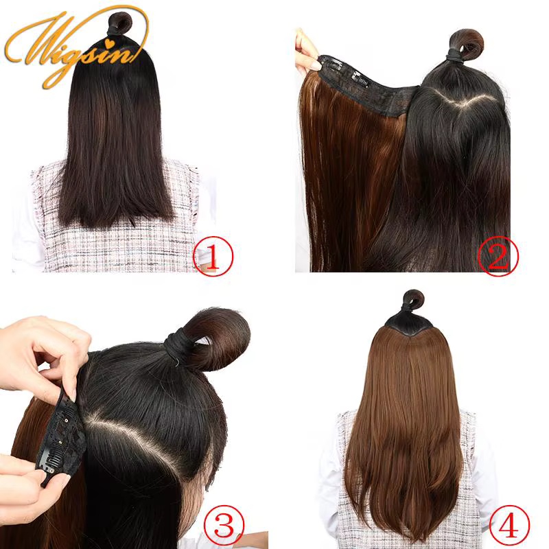 WIGSIN synthétique 55 cm en forme de V couches 4 Clips Extension de cheveux longs raides naturel Invisible postiche perruque pour les femmes