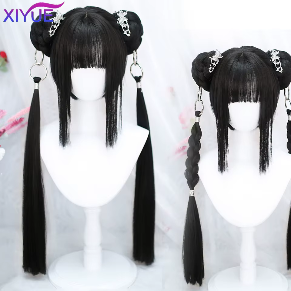 XIYUE synthétique longue droite Lolita perruque avec Bang rouge Ombre noir Cosplay fête Halloween noël ondulé bouclés