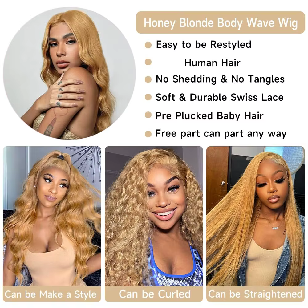 Perruque de cheveux humains avant de dentelle blond miel 13x6 HD 210% densité vague de corps perruques