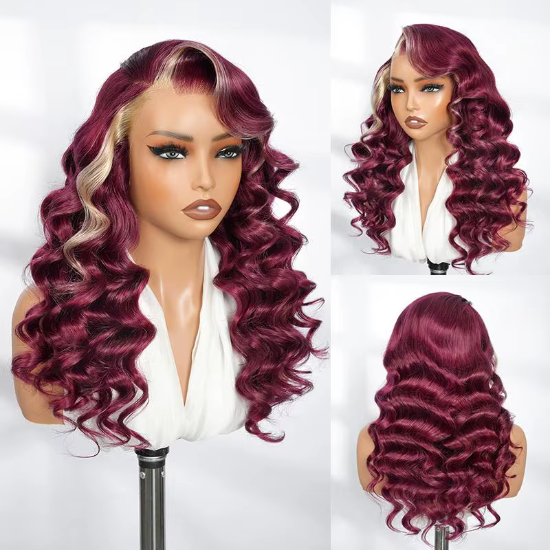 Alipearl cheveux partie latérale 13x4 bordeaux 99J perruque avec Blonde Ombre