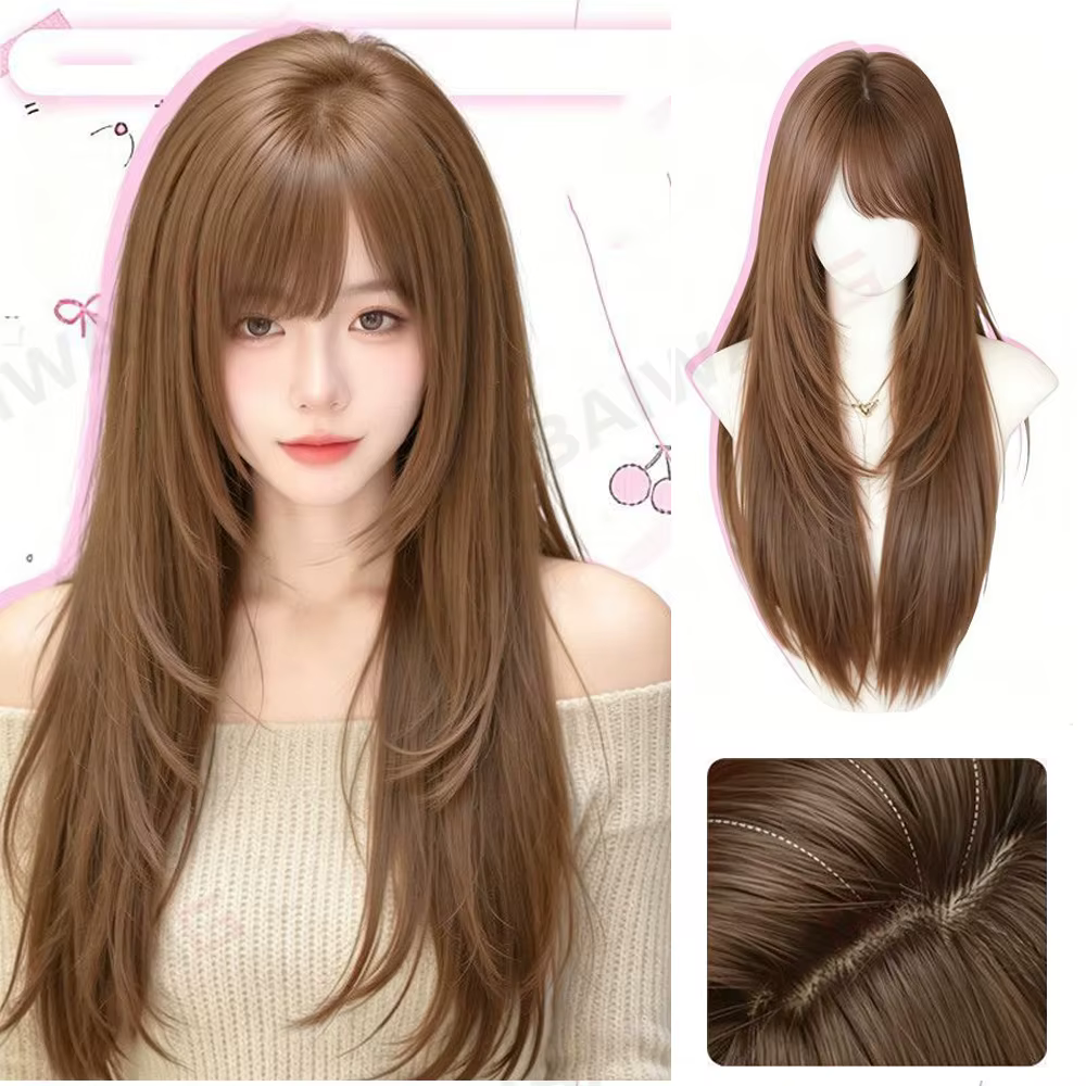 Perruques synthétiques longues et droites pour femmes, couleur brun champagne clair, pour usage quotidien, cosplay, fête, avec frange, résistantes à la chaleur