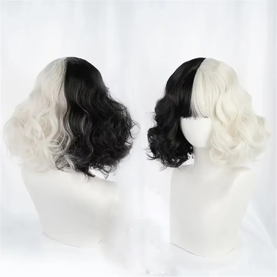 CRUELLA Deville De Vil noir blanc avec frange courte Bob résistant à la chaleur perruque De cheveux Cosplay Halloween