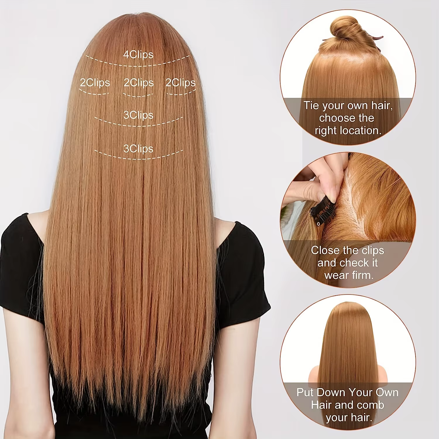 Extensions de cheveux synthétiques blondes et noires, 24 pouces de long, lisses, résistantes à la chaleur, 16 clips, 6 pièces/ensemble