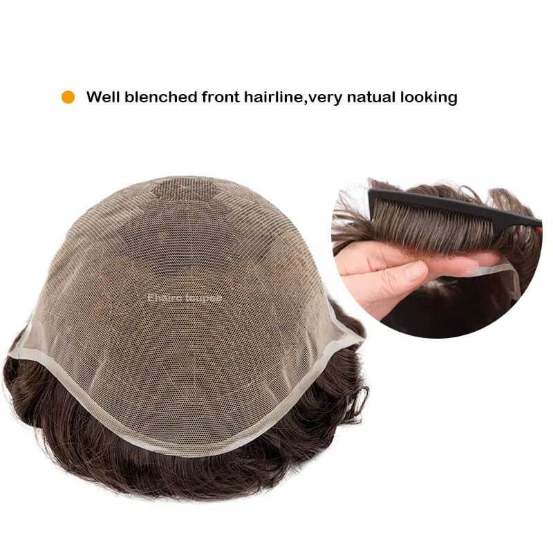 Q6 hommes perruque humaine mâle cheveux prothèse dentelle et noué PU perruques