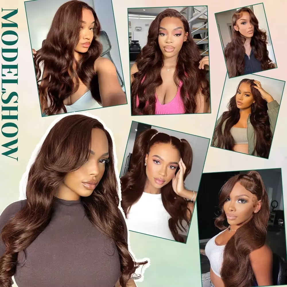 Perruque Body Wave 46 pouces # Perruques frontales en dentelle HD transparente 13x4 13x6 en cheveux Remy brun chocolat