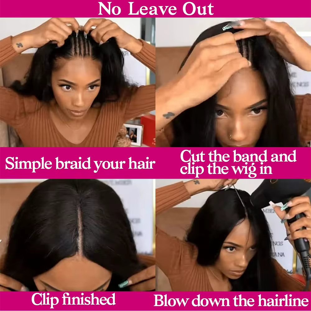 Perruque en cheveux humains lisses en forme de V