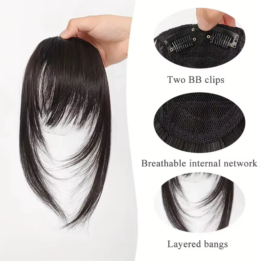 Extensions de cheveux synthétiques droites pour femmes avec frange superposée
