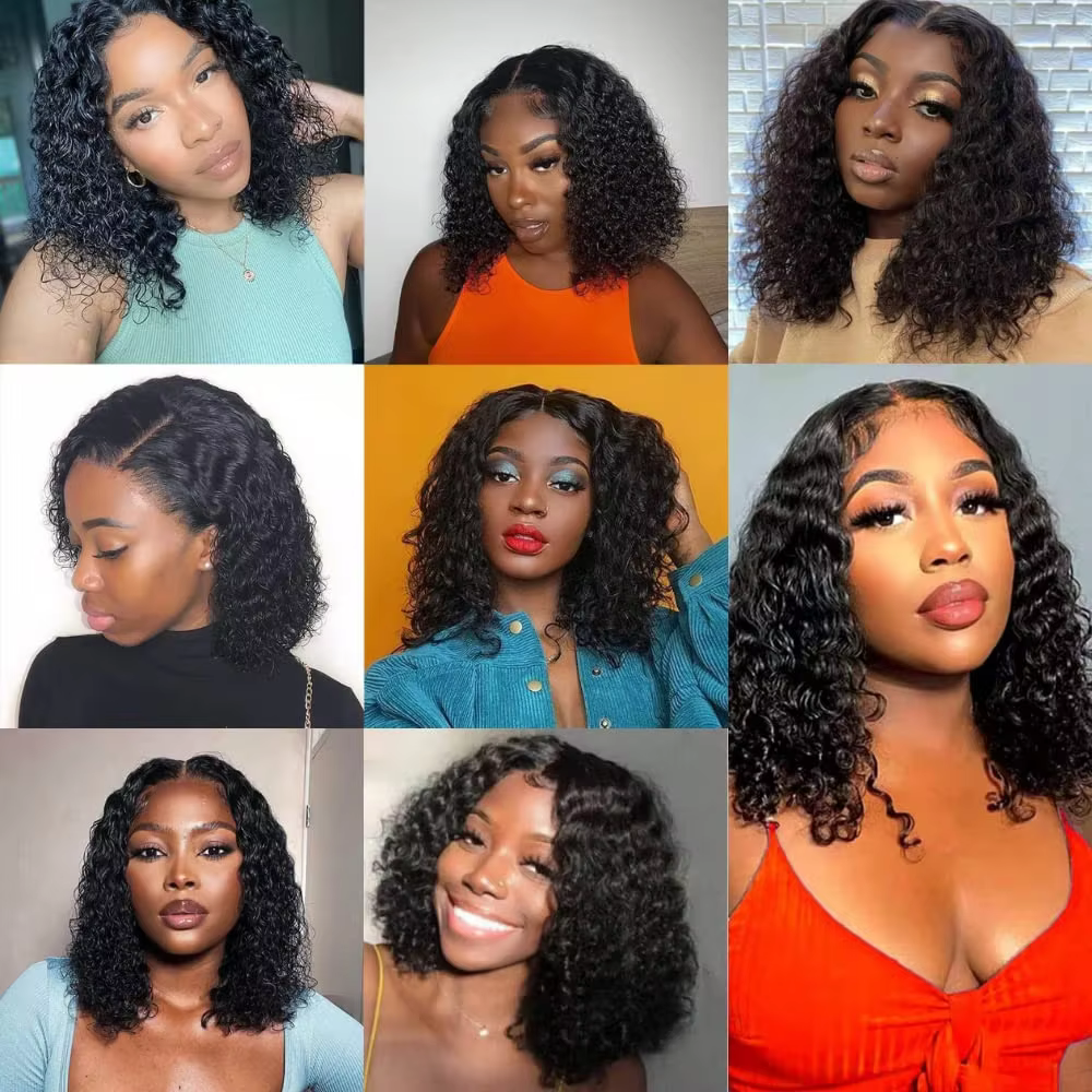 Perruques sans colle 100% cheveux humains prêts à porter crépus bouclés courts Bob