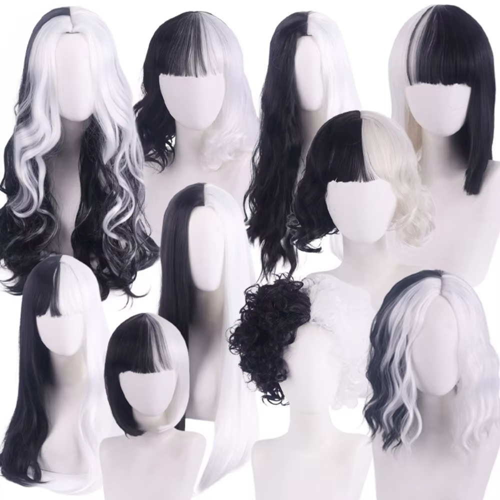 Perruques De Cosplay pour fête d'halloween CRUELLA Deville De Vil