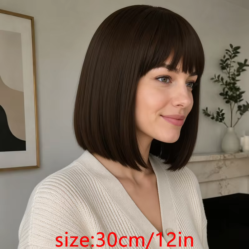Perruque bob brune de 12 pouces, en cheveux synthétiques naturels, adaptée à un usage quotidien pour les femmes.