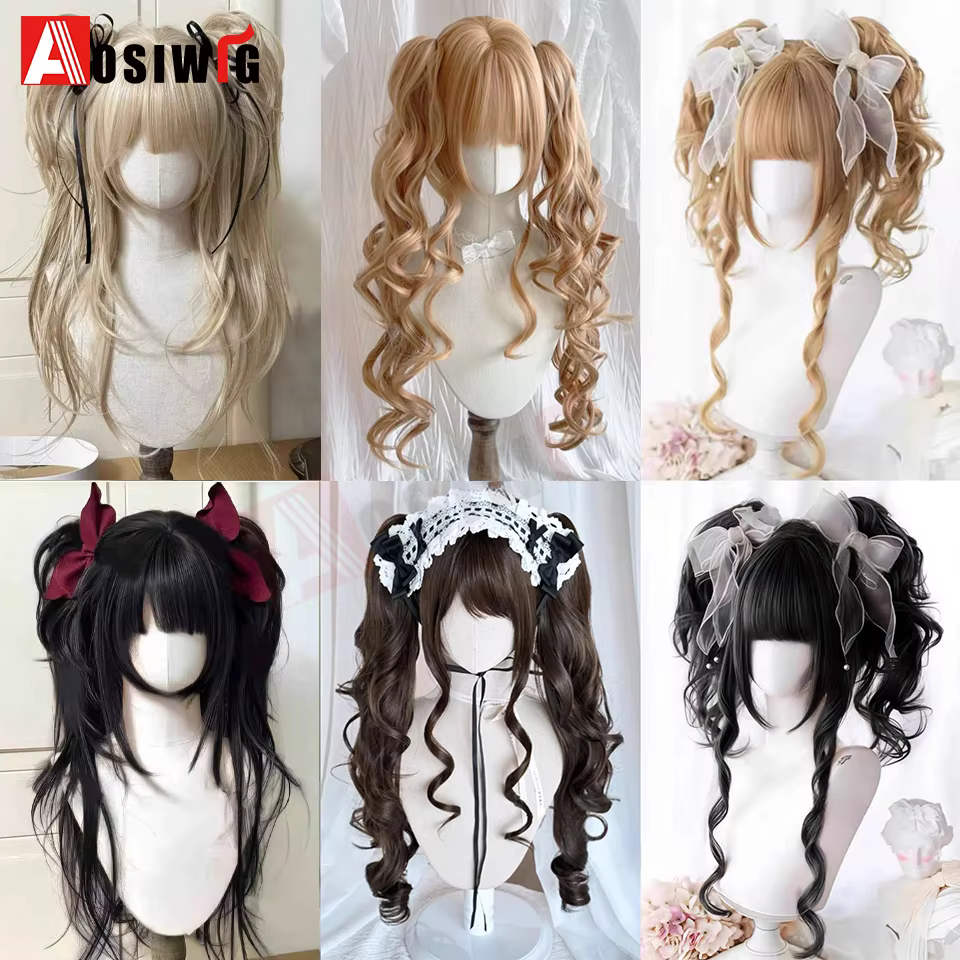 Perruque Lolita synthétique coupe princesse Double queue de cheval avec frange fille Ombre Blonde marron blanc gris