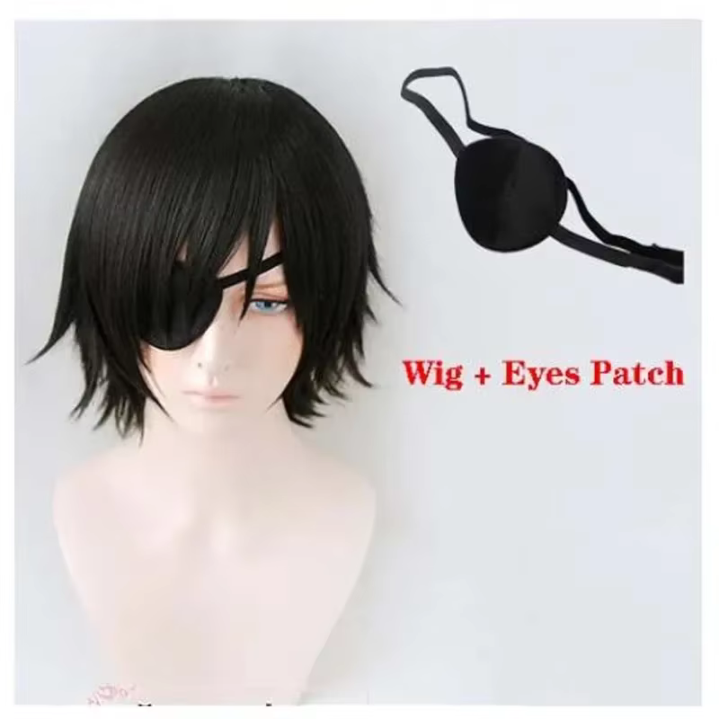 Himeno perruque tronçonneuse homme noir court moelleux couches cheveux synthétiques avec yeux Patch résistant à la chaleur Costume fête jouer