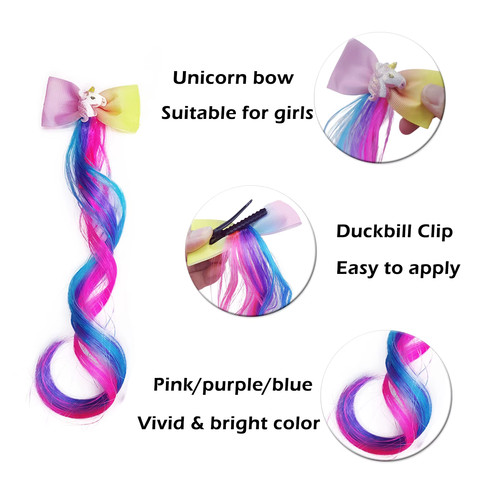 Extensions de cheveux bouclés à clips, postiches de couleur arc-en-ciel avec nœuds crocodile mignons pour filles, idéal pour cadeaux, vacances, 6 pièces
