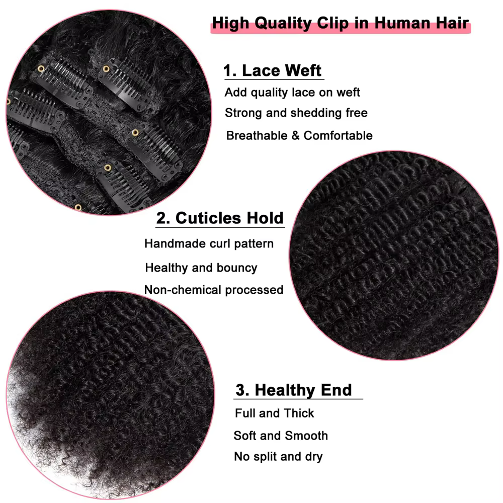 Afro crépus bouclés pince dans l'extension de cheveux cheveux vierges brésiliens 4B 4C Afro crépus bouclés vrais cheveux humains Double trame pour les femmes noires
